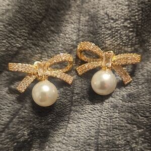 Sincerely Jules Gold Bow Pearl Drop Earrings